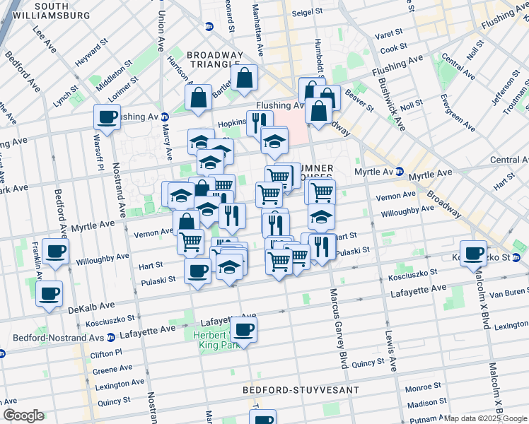 map of restaurants, bars, coffee shops, grocery stores, and more near 198 Vernon Avenue in Brooklyn