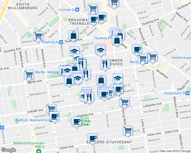 map of restaurants, bars, coffee shops, grocery stores, and more near 198 Vernon Avenue in Brooklyn