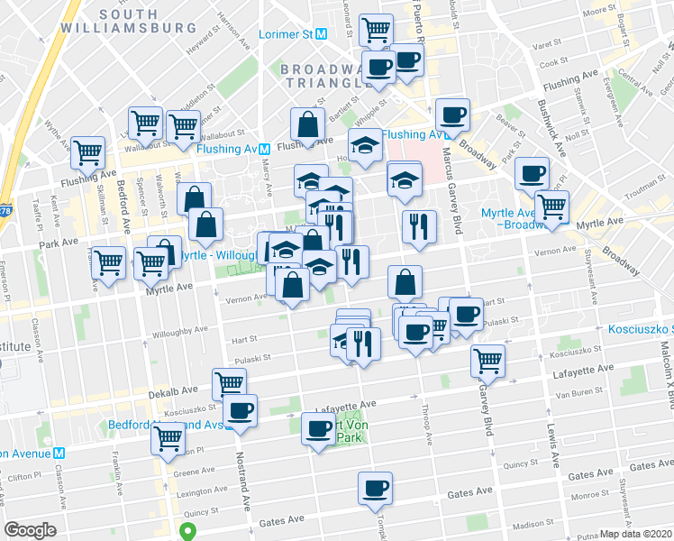 map of restaurants, bars, coffee shops, grocery stores, and more near in Brooklyn