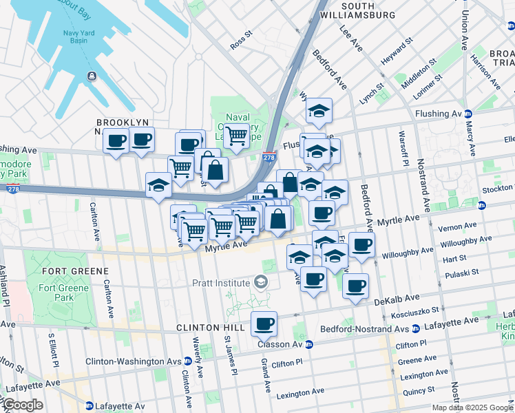 map of restaurants, bars, coffee shops, grocery stores, and more near 84 Steuben Street in Brooklyn