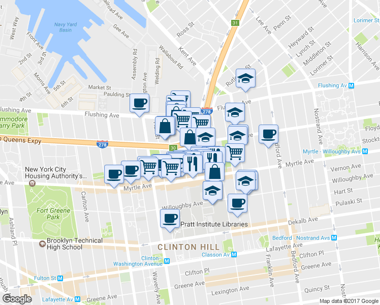 map of restaurants, bars, coffee shops, grocery stores, and more near 84 Steuben Street in Brooklyn