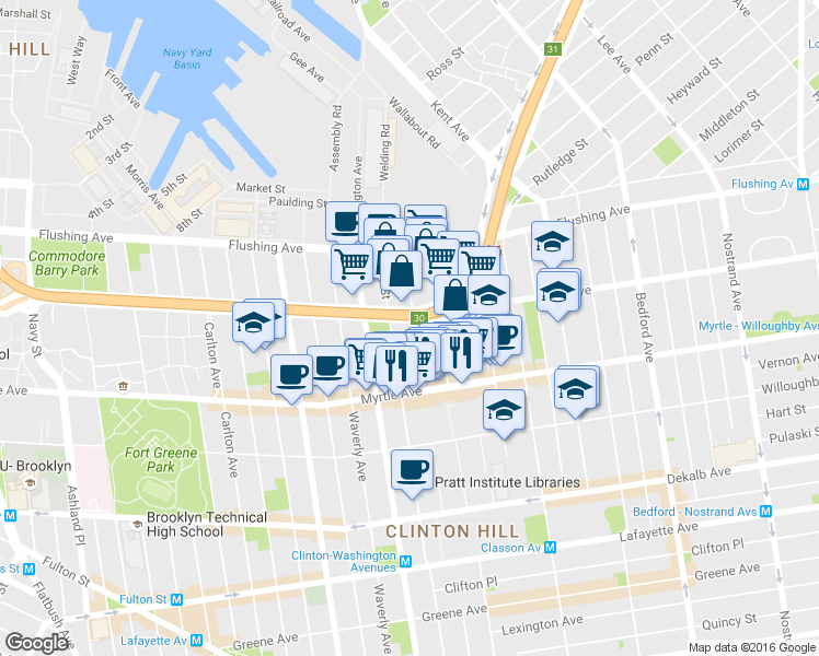 map of restaurants, bars, coffee shops, grocery stores, and more near 90 Ryerson Street in Brooklyn