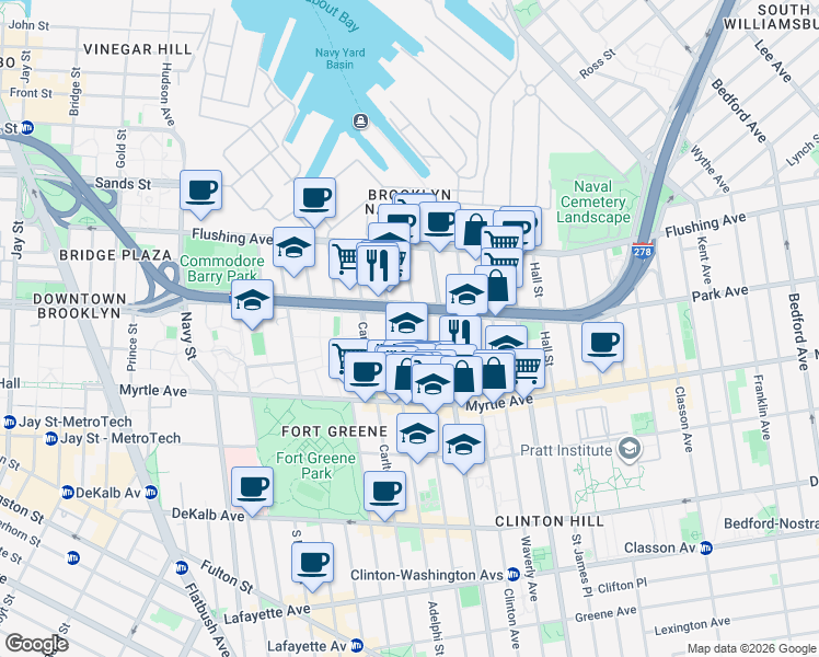 map of restaurants, bars, coffee shops, grocery stores, and more near 89 Clermont Avenue in Brooklyn