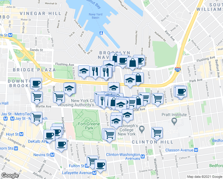 map of restaurants, bars, coffee shops, grocery stores, and more near 94 Adelphi Street in Brooklyn