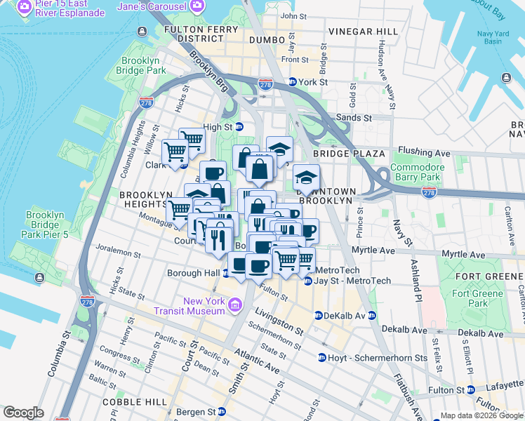 map of restaurants, bars, coffee shops, grocery stores, and more near 36 Adams Street in Brooklyn