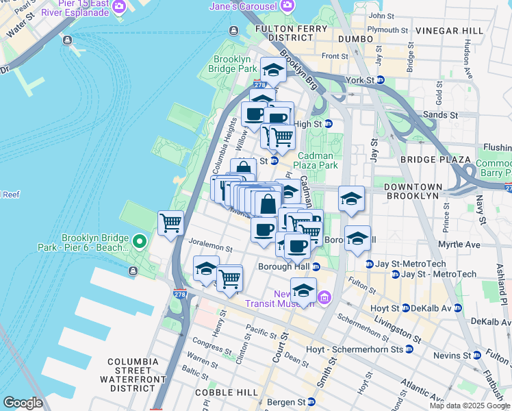 map of restaurants, bars, coffee shops, grocery stores, and more near 117 Montague Street in Brooklyn