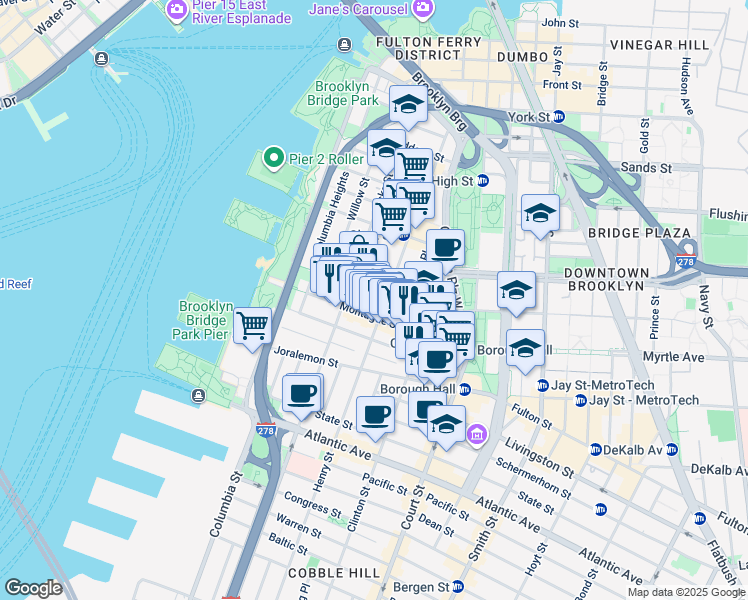 map of restaurants, bars, coffee shops, grocery stores, and more near 117 Montague Street in Brooklyn