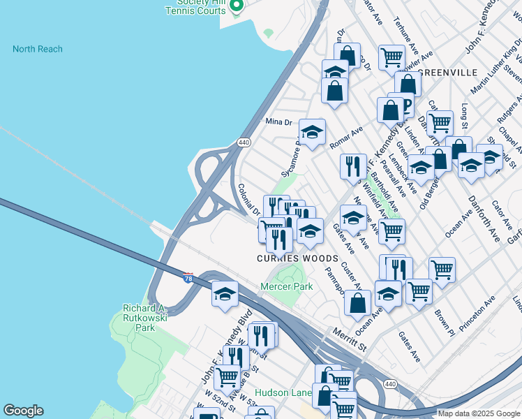 map of restaurants, bars, coffee shops, grocery stores, and more near 9 Colonial Drive in Bayonne