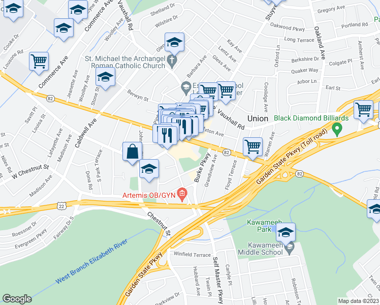 map of restaurants, bars, coffee shops, grocery stores, and more near 979 Rosemont Avenue North in Union