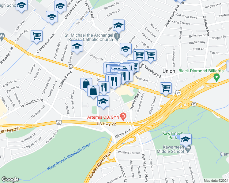 map of restaurants, bars, coffee shops, grocery stores, and more near 945 Stuyvesant Avenue in Union