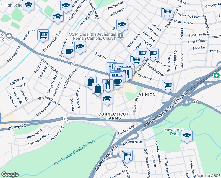 map of restaurants, bars, coffee shops, grocery stores, and more near 930 Stuyvesant Avenue in Union