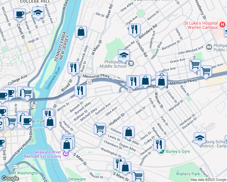map of restaurants, bars, coffee shops, grocery stores, and more near 294 Morris Street in Phillipsburg