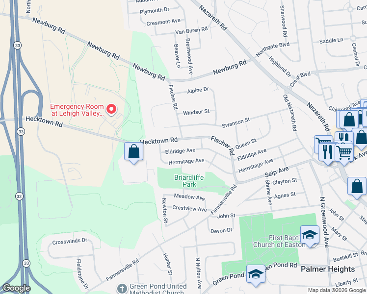 map of restaurants, bars, coffee shops, grocery stores, and more near 3028 Eldridge Avenue in Easton