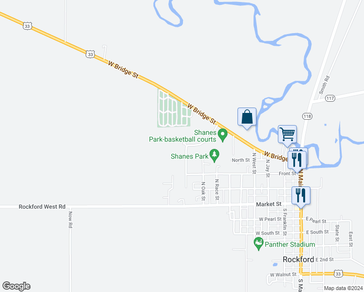 map of restaurants, bars, coffee shops, grocery stores, and more near 309 North Holly Drive in Rockford