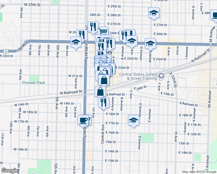 map of restaurants, bars, coffee shops, grocery stores, and more near 1-99 E Railroad St in Kearney