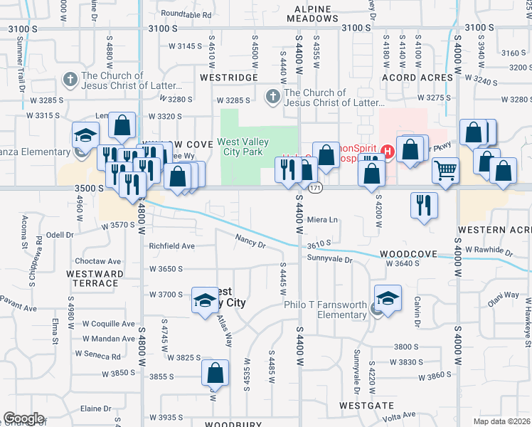 map of restaurants, bars, coffee shops, grocery stores, and more near 3549 South Early Bright Court in West Valley City