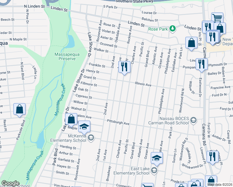 map of restaurants, bars, coffee shops, grocery stores, and more near 355 Broadway in Massapequa Park