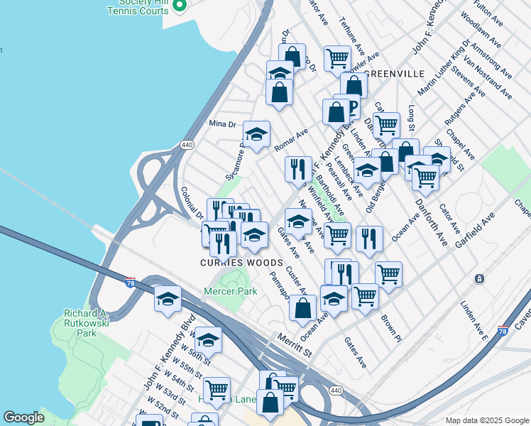 map of restaurants, bars, coffee shops, grocery stores, and more near 237 Gates Avenue in Jersey City