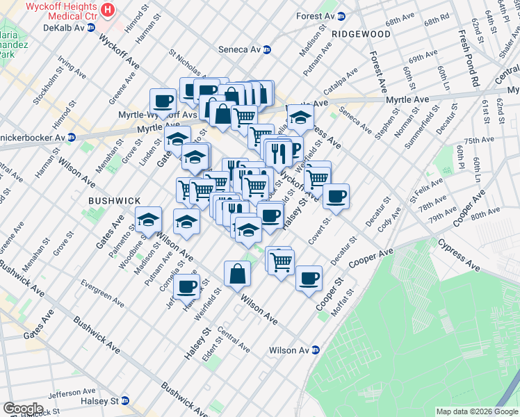 map of restaurants, bars, coffee shops, grocery stores, and more near Hancock St & Irving Ave in Brooklyn