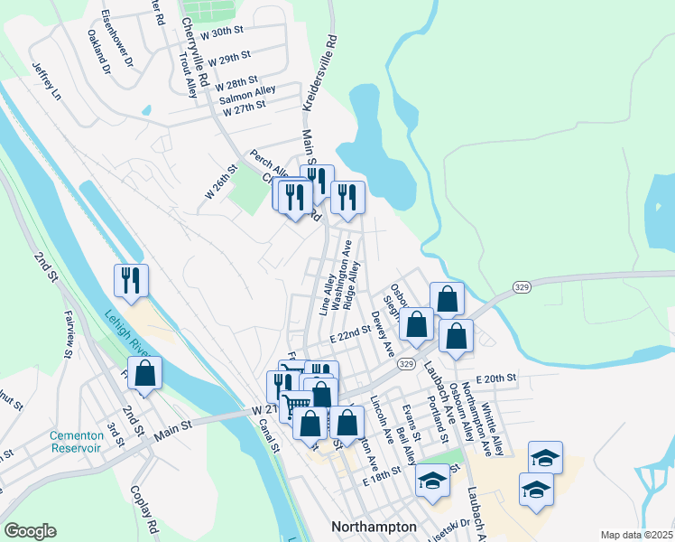 map of restaurants, bars, coffee shops, grocery stores, and more near 2331 Ridge Alley in Northampton