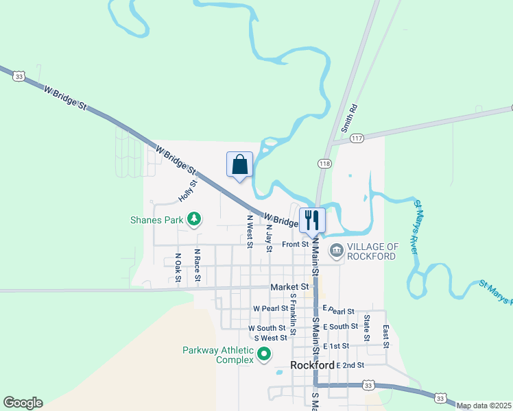 map of restaurants, bars, coffee shops, grocery stores, and more near 301 West Bridge Street in Rockford