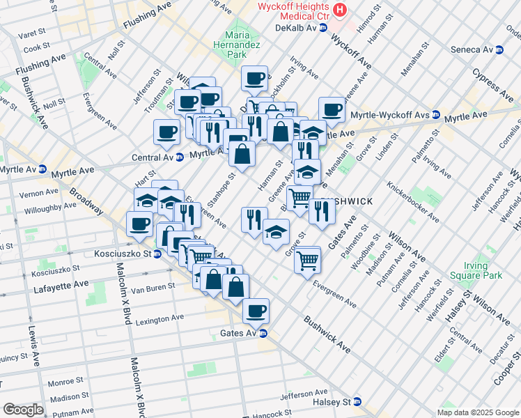 map of restaurants, bars, coffee shops, grocery stores, and more near 1181 Greene Avenue in Brooklyn