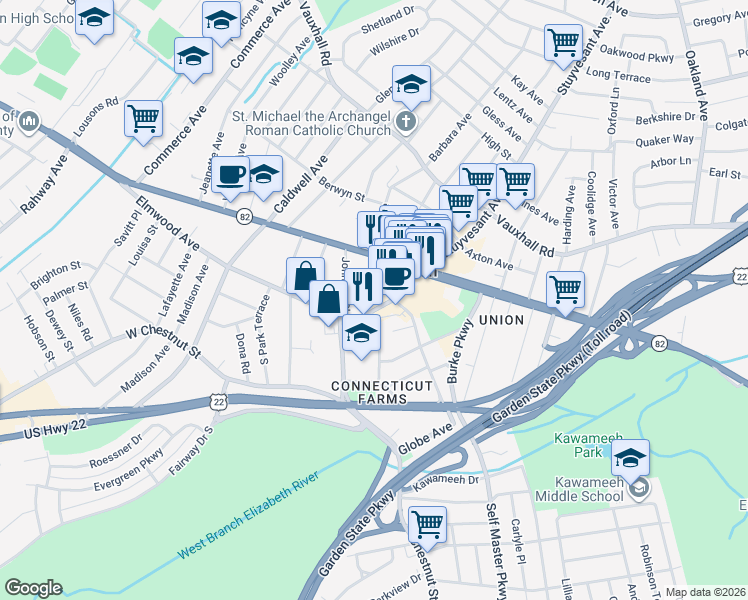 map of restaurants, bars, coffee shops, grocery stores, and more near 930 Stuyvesant Avenue in Union
