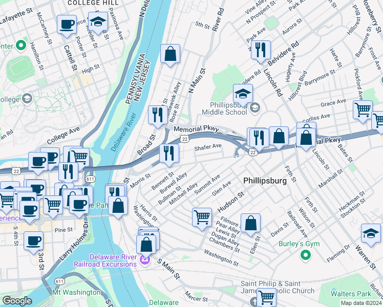 map of restaurants, bars, coffee shops, grocery stores, and more near 211 Morris Street in Phillipsburg