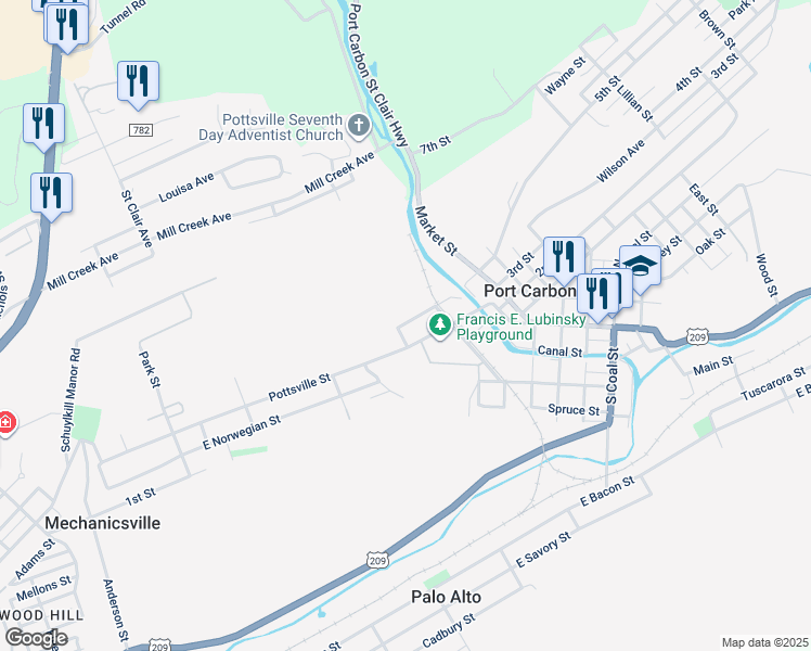 map of restaurants, bars, coffee shops, grocery stores, and more near 133 4th Street in Port Carbon