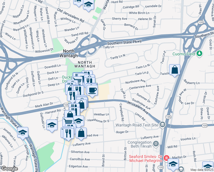 map of restaurants, bars, coffee shops, grocery stores, and more near 205 Poplar Court in Wantagh
