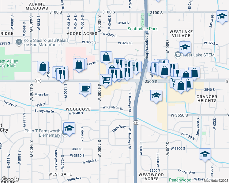 map of restaurants, bars, coffee shops, grocery stores, and more near 3543 South Cochise Drive in West Valley City
