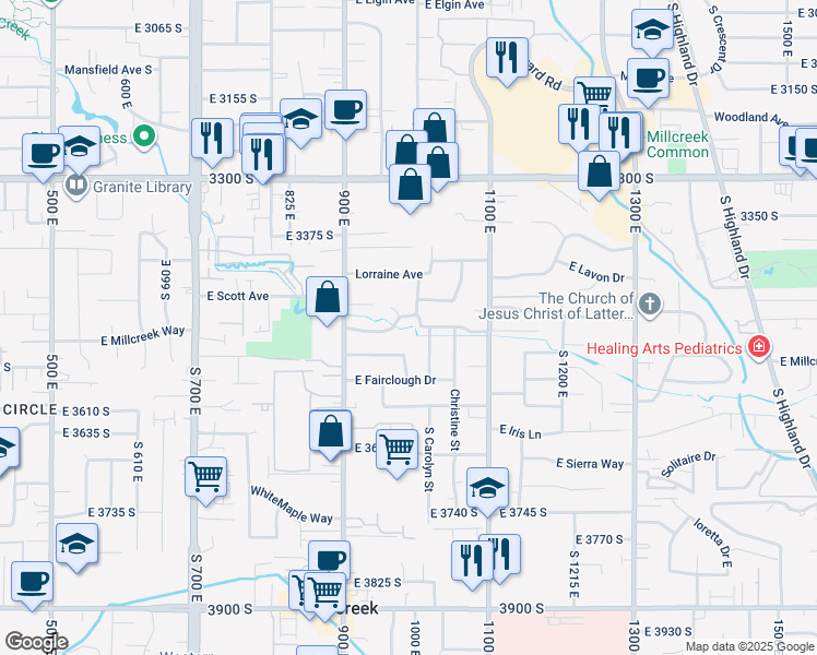 map of restaurants, bars, coffee shops, grocery stores, and more near 3520 South Carolyn Street in Millcreek