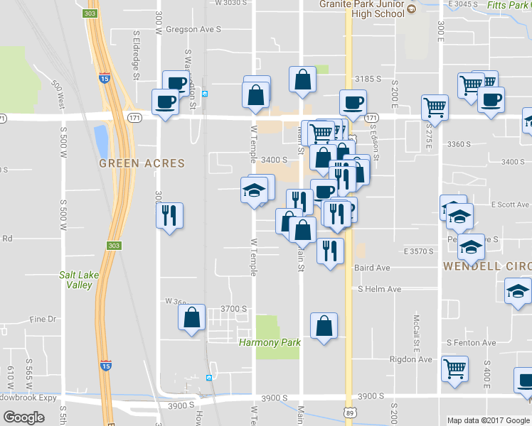 map of restaurants, bars, coffee shops, grocery stores, and more near 3495 SouthWest Temple in South Salt Lake