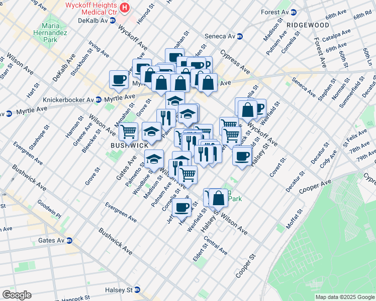 map of restaurants, bars, coffee shops, grocery stores, and more near 653 Knickerbocker Avenue in Brooklyn