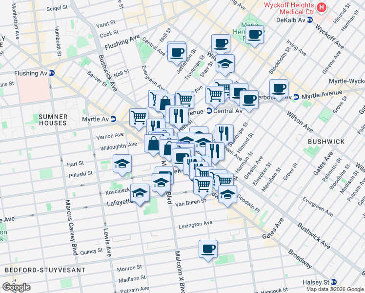 map of restaurants, bars, coffee shops, grocery stores, and more near 35 Dodworth Street in Brooklyn