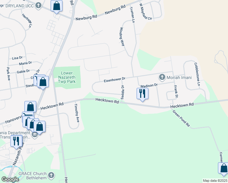map of restaurants, bars, coffee shops, grocery stores, and more near 4371 Eisenhower Drive in Bethlehem