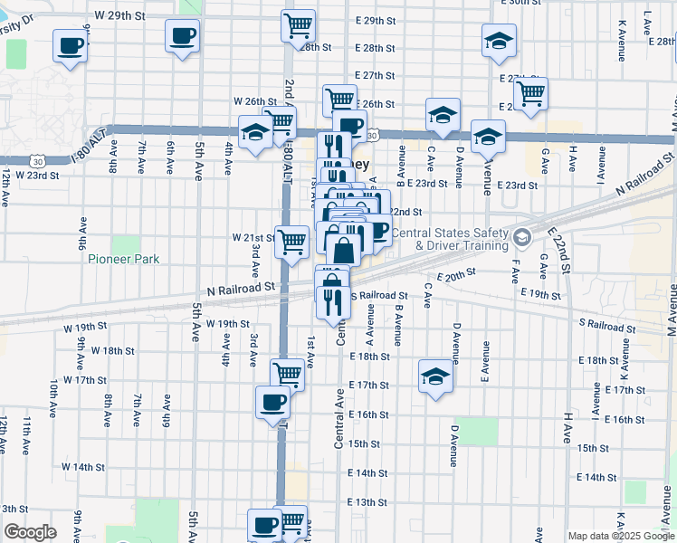 map of restaurants, bars, coffee shops, grocery stores, and more near 298 North Railroad Street in Kearney