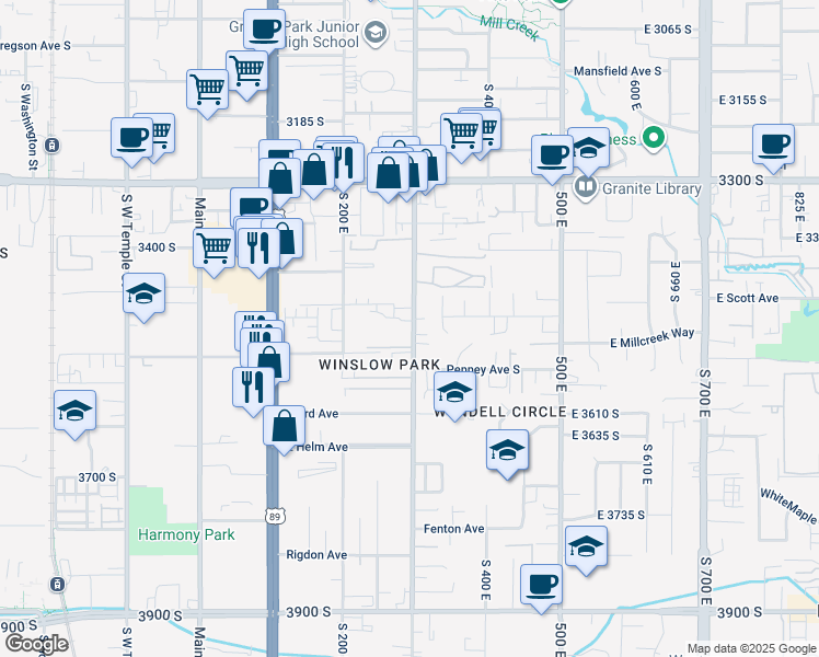 map of restaurants, bars, coffee shops, grocery stores, and more near 267 East Millpoint Place in South Salt Lake