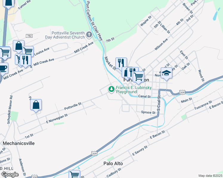 map of restaurants, bars, coffee shops, grocery stores, and more near 104 Pottsville Street in Port Carbon