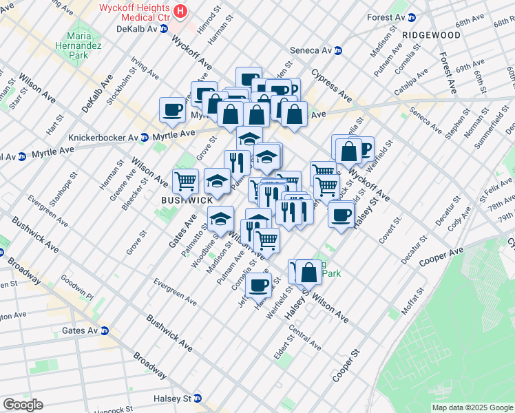 map of restaurants, bars, coffee shops, grocery stores, and more near 1290 Madison Street in Brooklyn