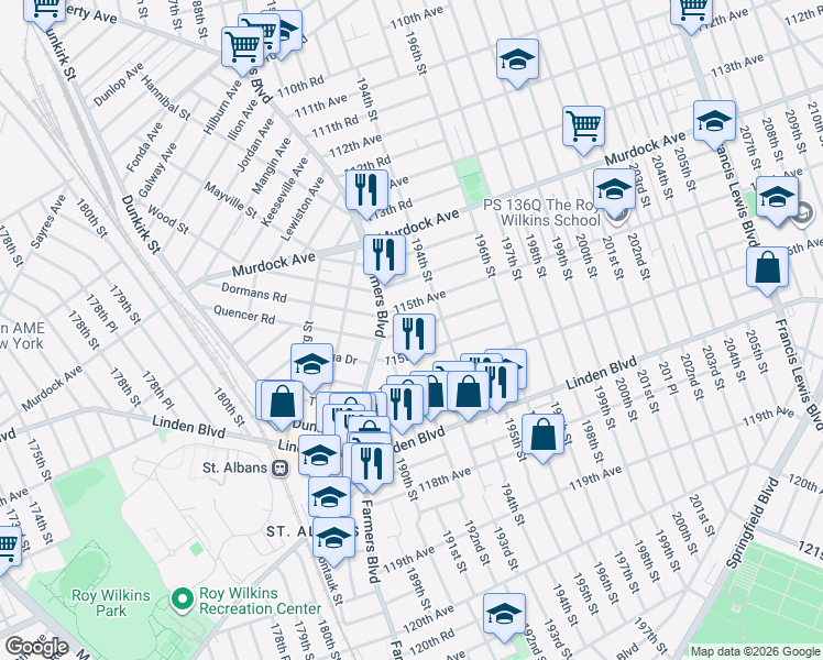 map of restaurants, bars, coffee shops, grocery stores, and more near 191-24 115th Road in Queens