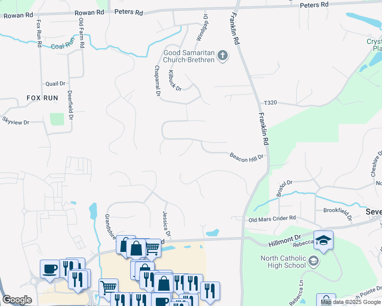 map of restaurants, bars, coffee shops, grocery stores, and more near 305 Locust Lane in Cranberry Township