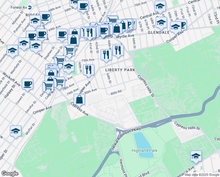 map of restaurants, bars, coffee shops, grocery stores, and more near 80-17 62nd Street in Queens