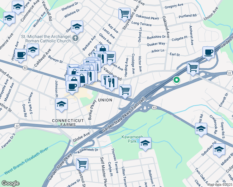 map of restaurants, bars, coffee shops, grocery stores, and more near 1884 New Jersey 82 in Union
