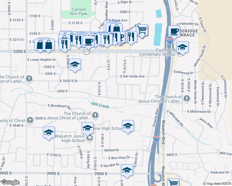 map of restaurants, bars, coffee shops, grocery stores, and more near 3488 South Terrace View Drive in Salt Lake City