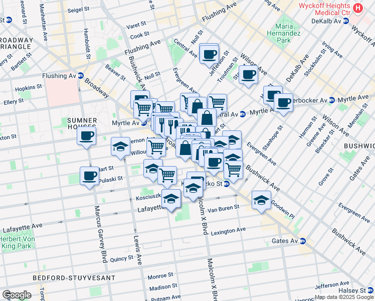 map of restaurants, bars, coffee shops, grocery stores, and more near 1050 Broadway in Brooklyn