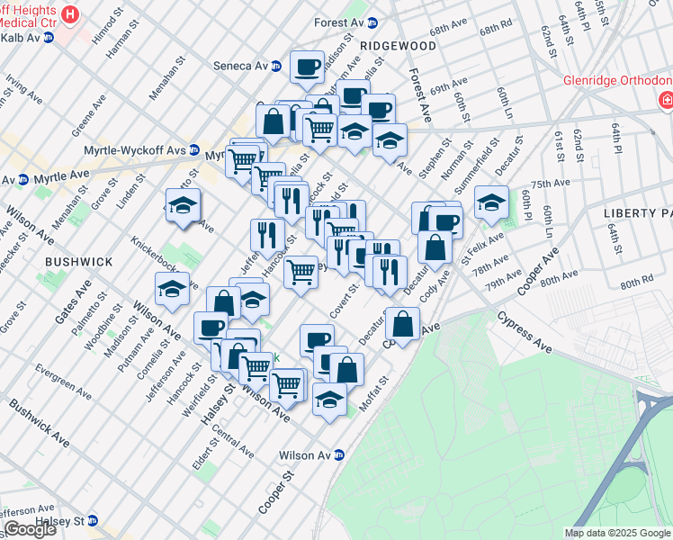map of restaurants, bars, coffee shops, grocery stores, and more near 419 Eldert Street in Brooklyn