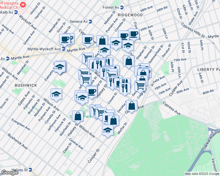 map of restaurants, bars, coffee shops, grocery stores, and more near 419 Eldert Street in Brooklyn