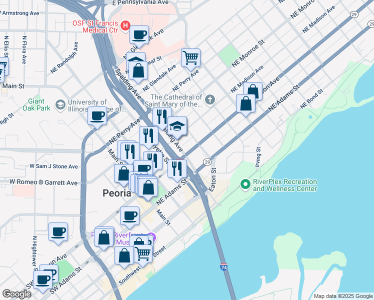 map of restaurants, bars, coffee shops, grocery stores, and more near 349-399 Spalding Avenue in Peoria