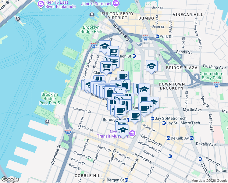 map of restaurants, bars, coffee shops, grocery stores, and more near 50 Monroe Place in Brooklyn